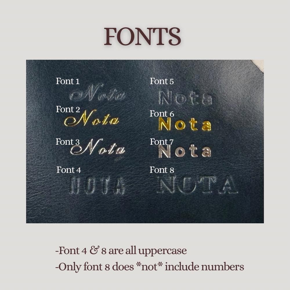 The eight engraving fonts pressed into a leather sample